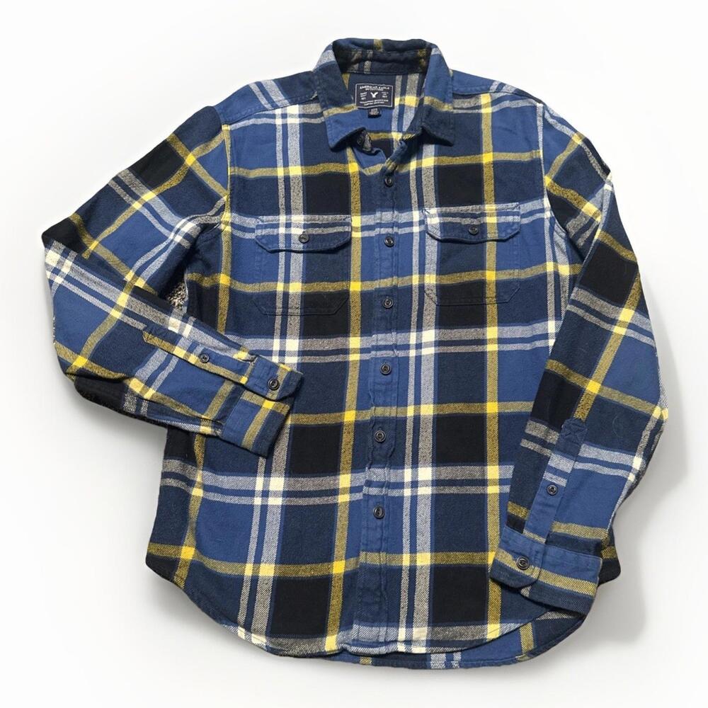 American Eagle Men's Cotton Plaid‎ Flannel Shirt Blue Size Medium